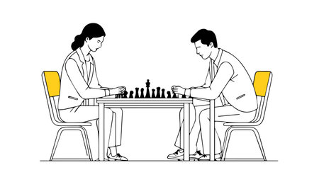 Man and woman playing chess. Men and women playing chess. Vector illustration in line art style.のイラスト素材