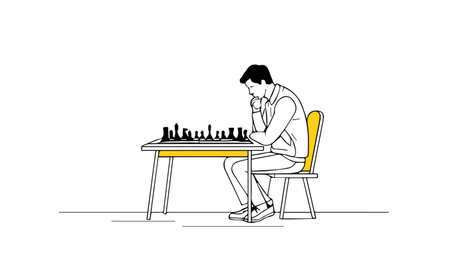 Man playing chess. Linear vector illustration. Isolated on white background.のイラスト素材
