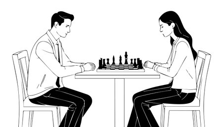 Businessman and businesswoman playing chess, black and white vector illustration graphic design.のイラスト素材