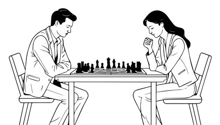 Businessman and businesswoman playing chess and having fun, black and white vector illustration graphic design.のイラスト素材