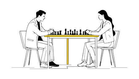 Man and woman playing chess vector illustration. Man and woman sitting at the table and playing chess. Male and female characters playing chess.のイラスト素材