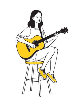 Vector illustration of a young woman sitting on a chair and playing guitarのイラスト素材