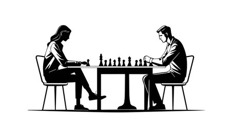 Man and woman playing chess. Black and white vector illustration in retro styleのイラスト素材