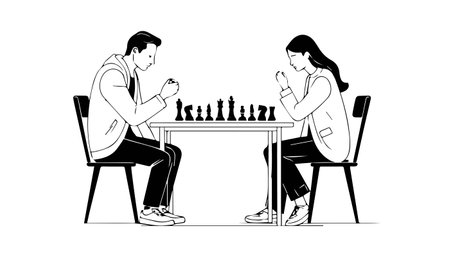 Man and woman playing chess, black and white vector illustration isolated on white background.のイラスト素材