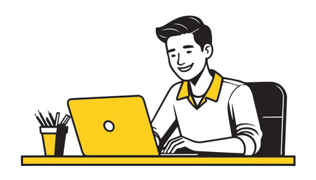 Vector illustration of a young man working on a computer at home.のイラスト素材