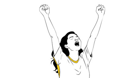 happy young woman with arms up on white background, vector art illustrationのイラスト素材