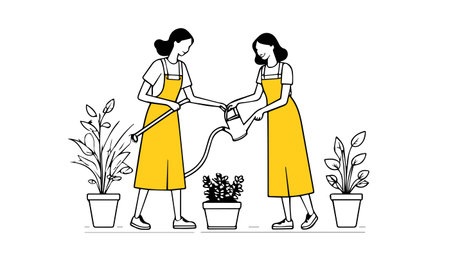 Vector illustration of two women watering plants in pots. Gardening concept.のイラスト素材