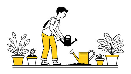 Gardener with watering can. Gardening concept. Vector illustration.のイラスト素材