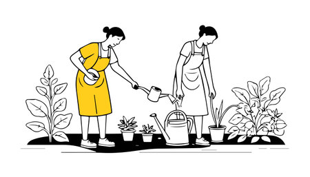 Gardening and planting concept. Two women watering plants in pots. Vector illustrationのイラスト素材