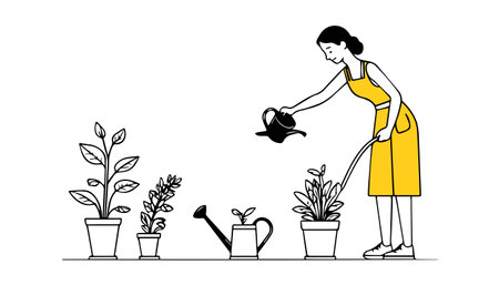 Gardening concept. Woman watering plants in pots. Vector illustration.のイラスト素材