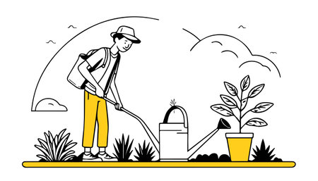 Gardener working in the garden. Vector illustration in flat styleのイラスト素材
