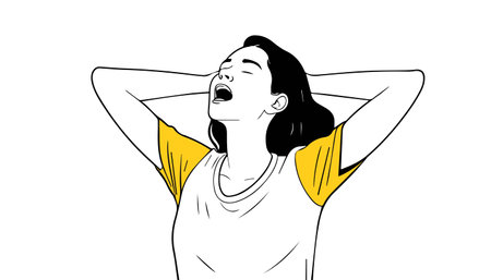 Vector illustration of a woman with hands behind head on white background.のイラスト素材