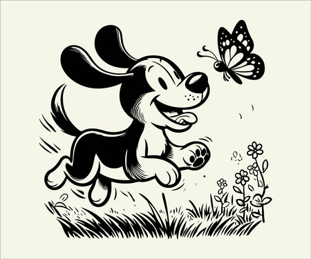 Illustration of a cute dog running in the grass with a butterflyのイラスト素材