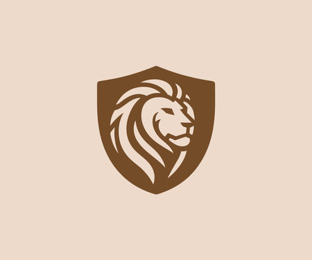 Lion head shield logo design vector template. Lion head logo design concept.のイラスト素材