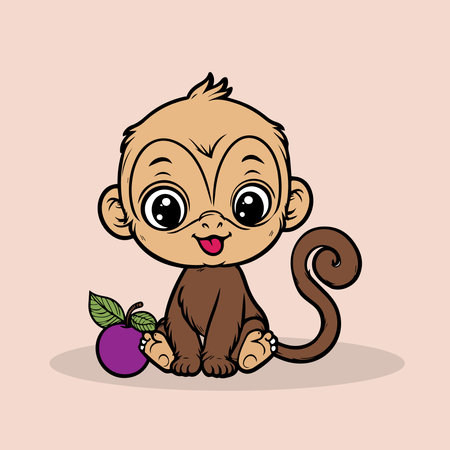 Cute cartoon monkey sitting with apple in his hand. Vector illustration.のイラスト素材