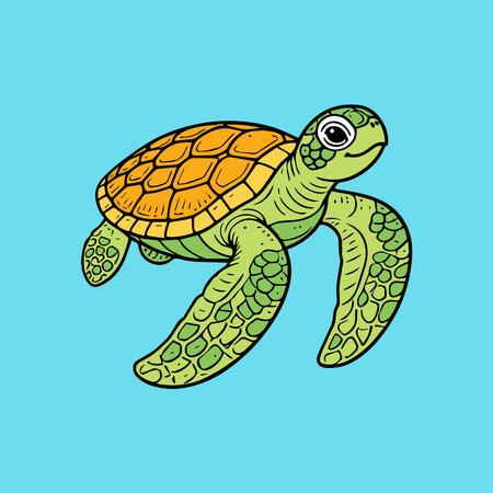 Green turtle on a blue background. Vector illustration in cartoon style.