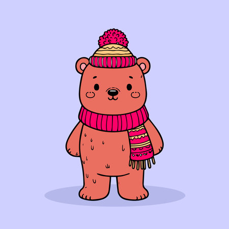 Cute cartoon bear in a warm hat and scarf. Vector illustration.のイラスト素材