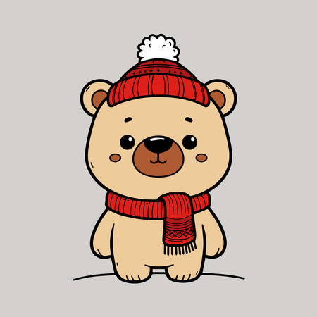 Cute teddy bear in a knitted hat and scarf. Vector illustration.のイラスト素材