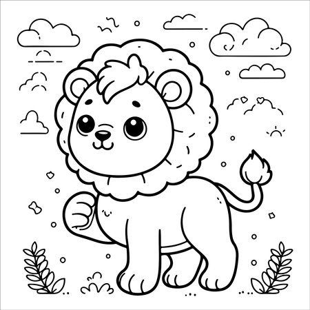 Cute cartoon lion. Vector illustration for coloring book. Coloring pageのイラスト素材
