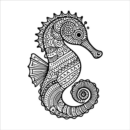 Hippocampus. Hand drawn vector illustration. Coloring page.のイラスト素材
