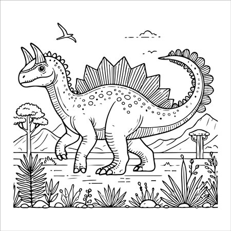 Dinosaur coloring page. Dinosaur in the park. Vector illustration.のイラスト素材