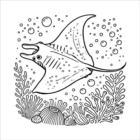 Stingray. Underwater world. Black and white vector illustration.のイラスト素材