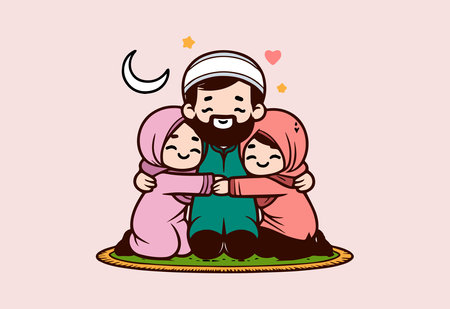 Happy muslim family with kids cartoon vector illustration. Suitable for greeting card, poster and bannerのイラスト素材