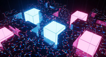 3d rendering, abstract background with glowing cubes in neon light.の写真素材