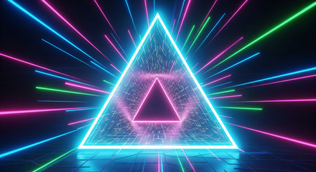 3D abstract background with neon lights. neon tunnel.space construction. 3d illustrationの写真素材