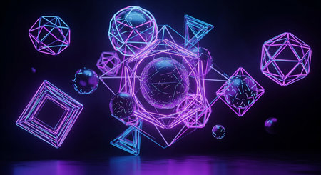 3d rendering of abstract geometric shape with purple and blue neon lights on dark background