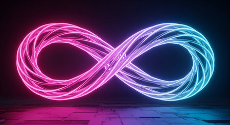 3D illustration of infinity symbol in neon light. Abstract background.