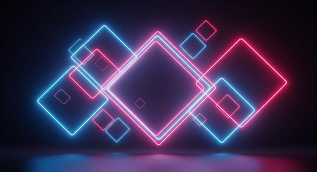 Glowing neon squares on dark background. Abstract background. 3D rendering.の写真素材