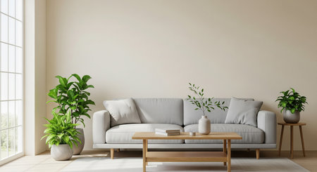 Interior of modern living room with sofa, plant and coffee table. 3d render