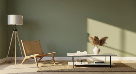 Interior of modern living room with brown armchair and table, 3d render