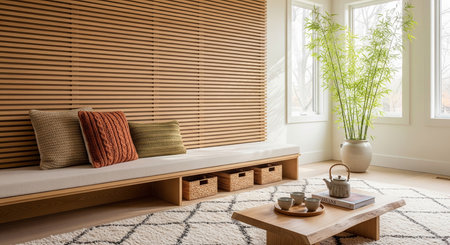 Interior of modern living room with wooden furniture and plants. 3d render