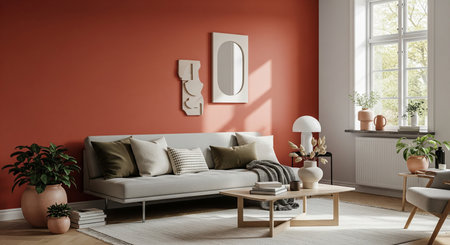 Interior of modern living room with red wall, 3d render
