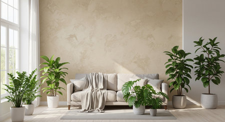 interior with sofa and plants 3d render illustration mock-upの写真素材