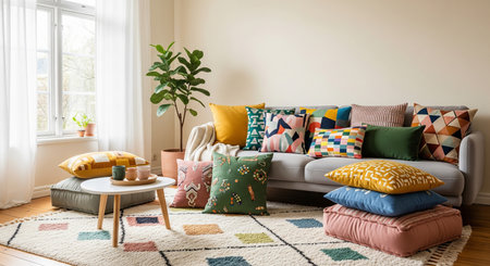 Interior of a living room with colorful pillows on a sofa
