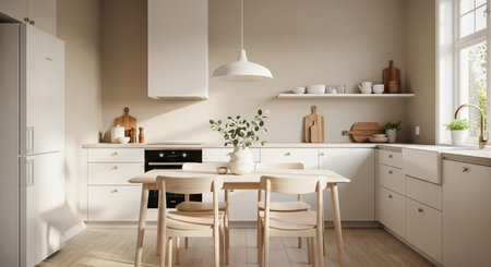 Modern white kitchen interior with wooden furniture. 3d rendering mock upの写真素材