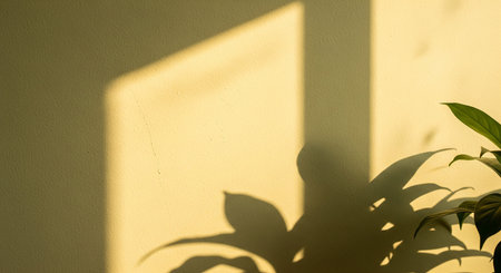 shadow of a plant on a yellow wall, closeup of photo