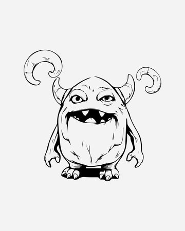 funny cartoon monster with horns, vector illustration in black and whiteのイラスト素材
