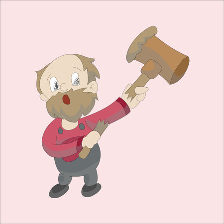 cartoon old man with a big hammer on a pink background.のイラスト素材