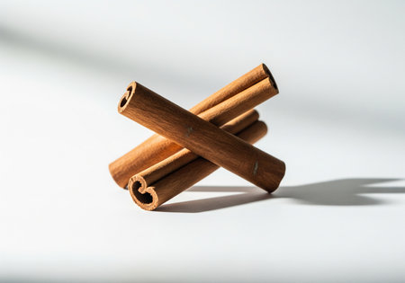 Cinnamon sticks on a white background with shadow. Selective focus.の写真素材