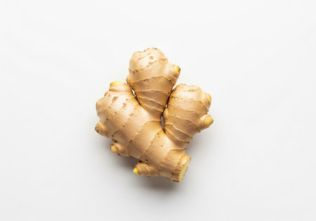 Ginger root on white background. Top view. Flat lay.