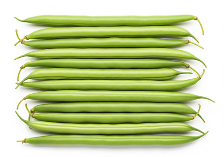 Green beans isolated on white background. Top view. Flat lay pattern
