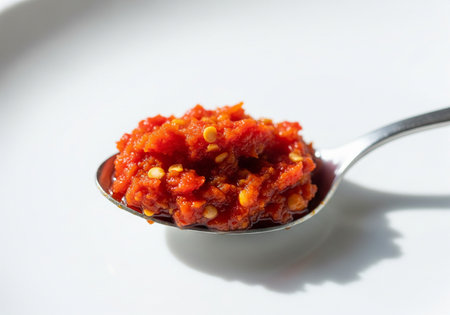 Spoon of chilli sauce with pine nuts on a white backgroundの写真素材