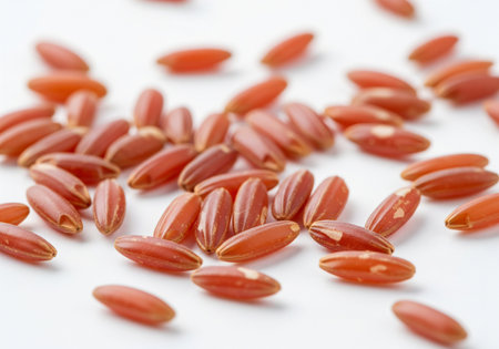 Red rice on a white background. Close-up. Selective focus.の写真素材