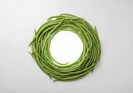 Green beans on a white background with a place for your text.の写真素材