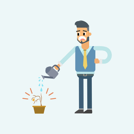 Businessman watering a plant in a pot. Vector flat design illustration. Square layout.のイラスト素材
