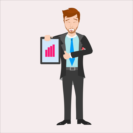 Businessman showing graph on clipboard. Vector illustration in flat style.のイラスト素材